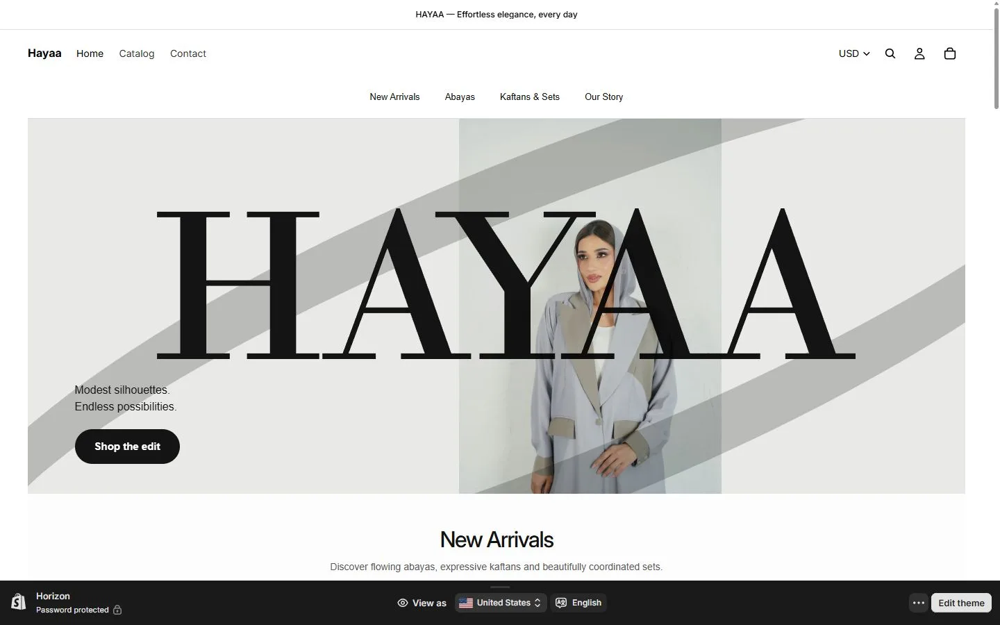 Hayaa · Shopify website on desktop