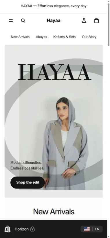 Hayaa · Shopify: Shopify homepage on a phone