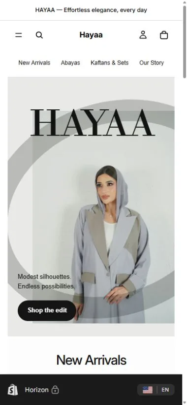 Hayaa · Shopify website on a phone