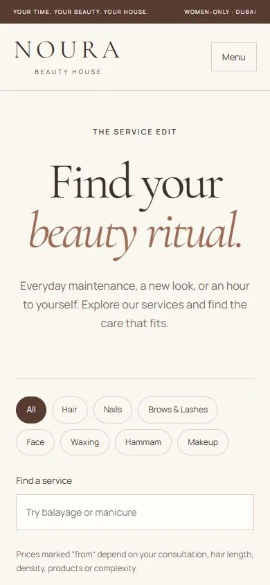 Noura Beauty House: Service catalogue on a phone
