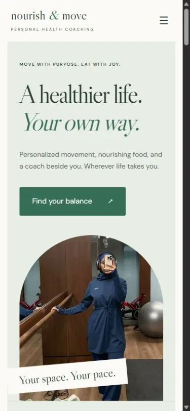 Nourish & Move website on a phone