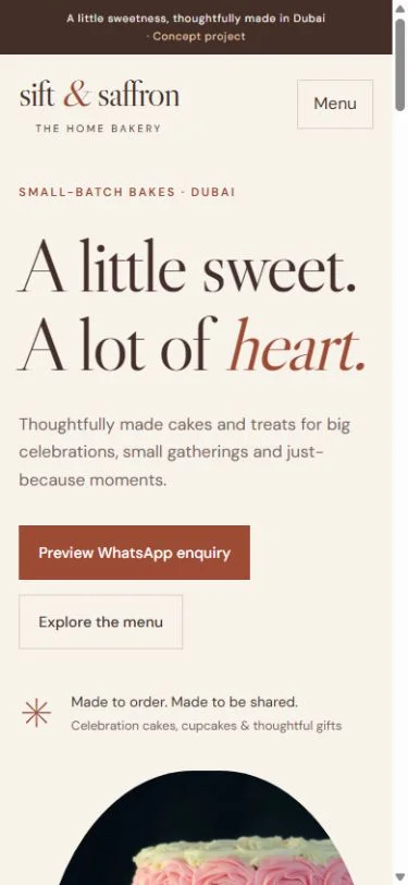 Sift & Saffron: Homepage on a phone