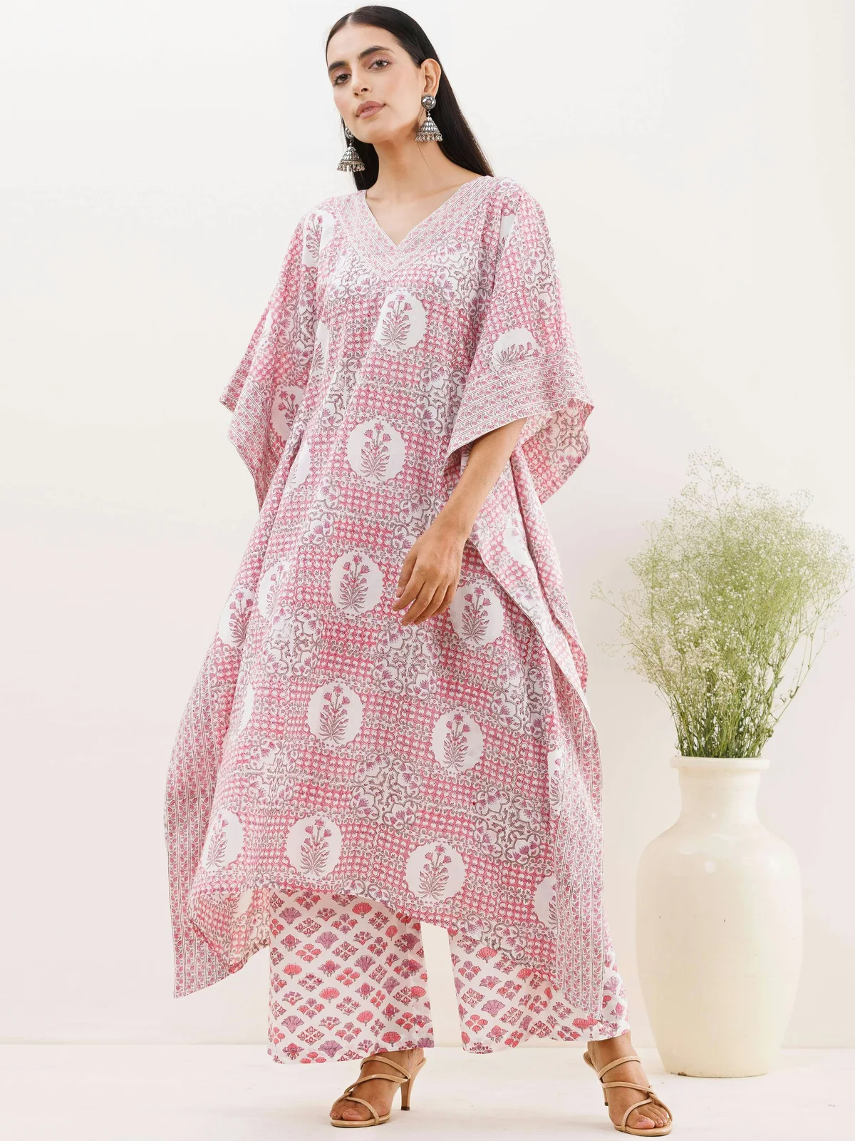 Pink printed kaftan and matching trousers